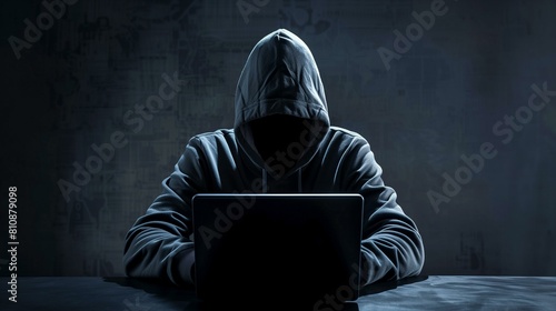 Dark figure hoodie laptop, clickjacking attack, cyber security photo