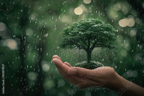 A hand holding a tree in a rainstorm. The tree is surrounded by water droplets, and the rain is falling all around it. Concept of fragility and vulnerability
