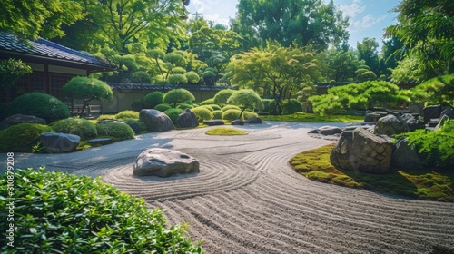 The tranquility of a Zen garden, meticulously raked gravel, carefully placed rocks, and lush greenery arranged in a harmonious and balanced composition, inviting viewers to find peace in simplicity