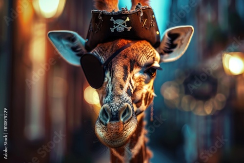 A giraffe wearing a pirate's hat and a pirate's eye patch. The giraffe is looking directly at the camera © vefimov