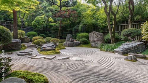The tranquility of a Zen garden, meticulously raked gravel, carefully placed rocks, and lush greenery arranged in a harmonious and balanced composition, inviting viewers to find peace in simplicity