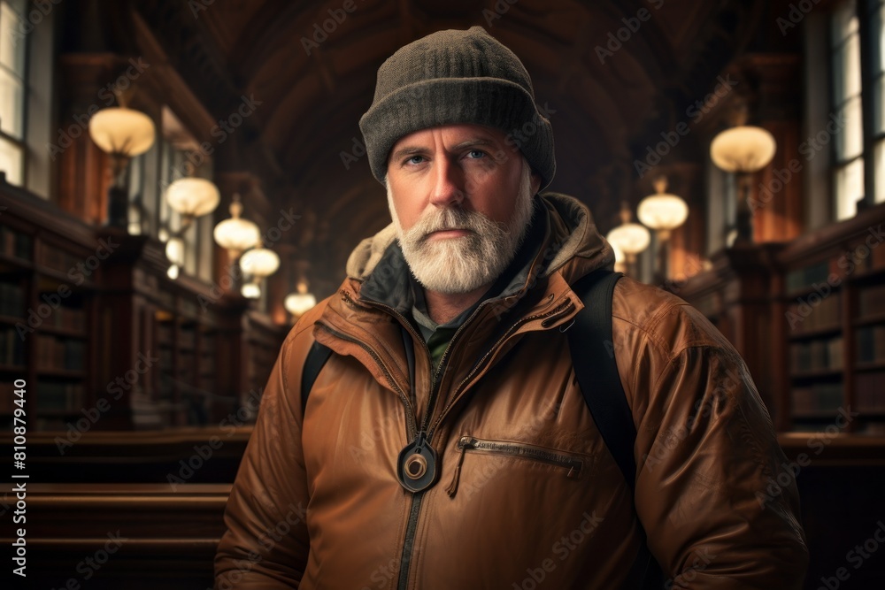 Portrait of a content man in his 50s wearing a windproof softshell isolated on classic library interior Portrait of a content man in his 50s wearing a windproof softshell isolated on classic library interior