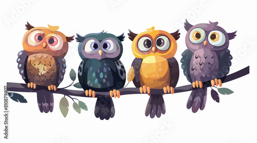Cute owl birds Four. Funny owlets feathered animals style photo