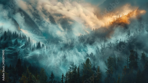 Foggy mountains landscape Smoky rocky panorama with mountain and trees forest , scenery illustration art  photo