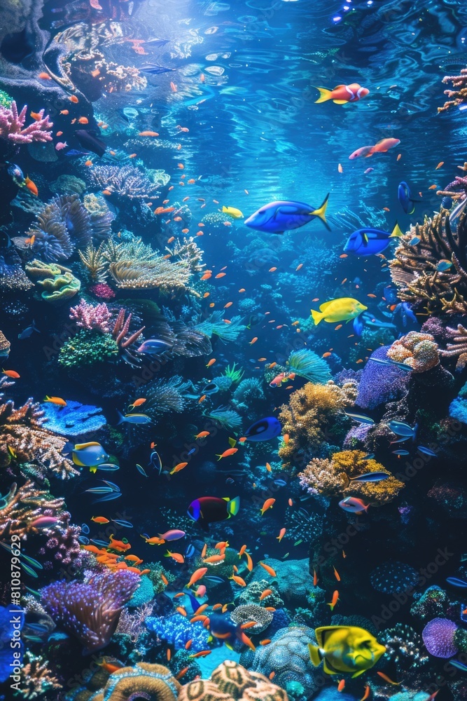 Fototapeta premium A colorful underwater scene with many fish and coral