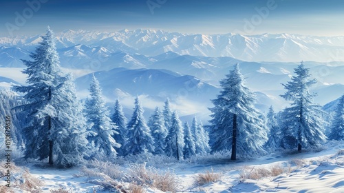 A snowy mountain range with a few trees in the foreground. The trees are covered in snow and the sky is clear and blue. The scene is peaceful and serene © vefimov