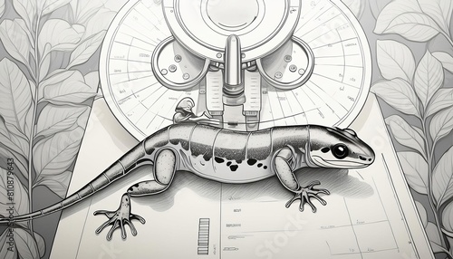 Explore the merging realms of biology and technology with this digital illustration of an AI-generated salamander in a futuristic laboratory setting.
