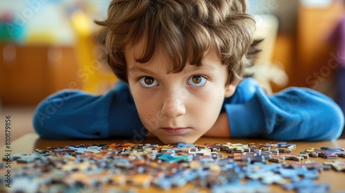 Close up of skilled elementary student looking jigsaw while looking at camera. Attractive children working, playing, solving puzzle while colorful jigsaw scatter around at blurring background. AIG42.