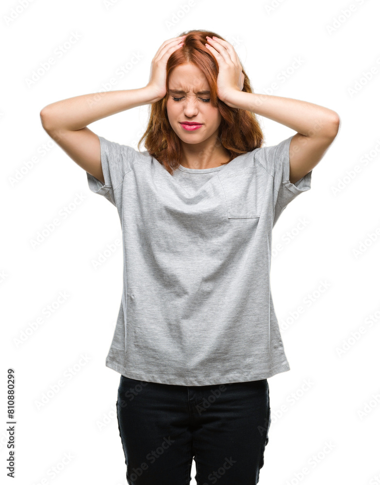 Young beautiful woman over isolated background suffering from headache desperate and stressed because pain and migraine. Hands on head. Young beautiful woman over isolated background suffering from headache desperate and stressed because pain and migraine. Hands on head.