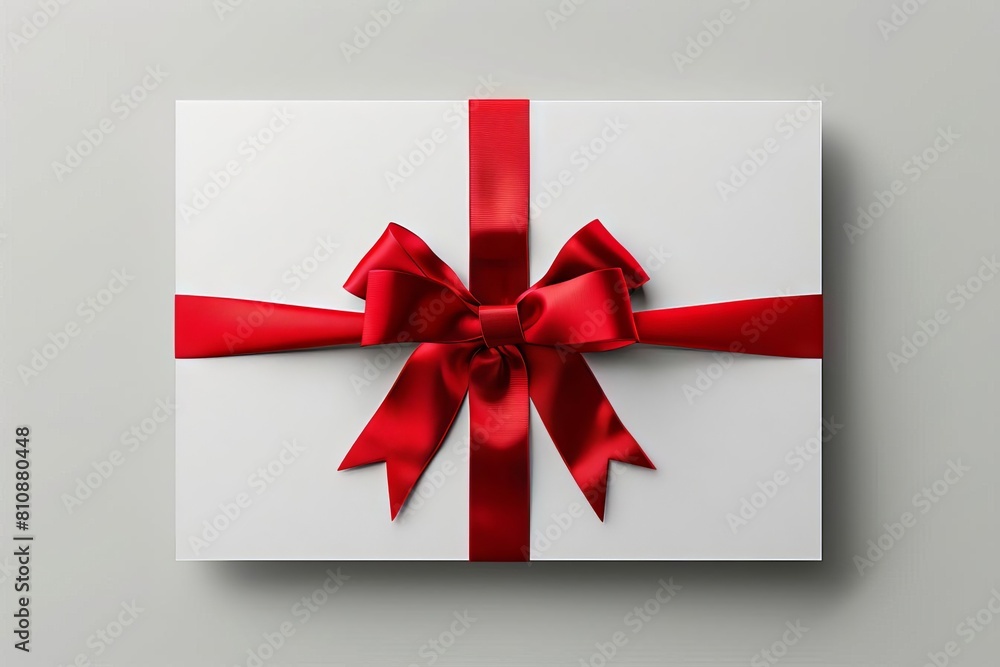 minimalistic white gift card with a red ribbon bow isolated on a grey background with subtle shadows digital illustration minimalistic white gift card with a red ribbon bow isolated on a grey background with subtle shadows digital illustration