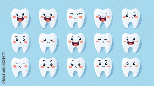 Cute tooth emoticon characters. Happy emoji teeth set