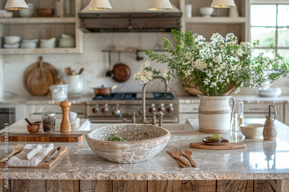 Bowl of flowers on a kitchen counter. Kitchen background Bowl of flowers on a kitchen counter. Kitchen background