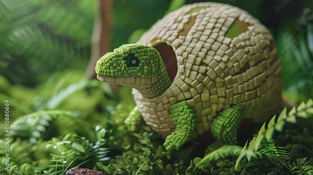 Fototapeta premium A cute green turtle made of stone sits on a bed of moss.