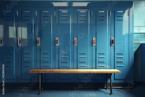 orderly row of blue metal storage lockers with a wooden bench some doors open and others closed in a locker room setting digital illustration
