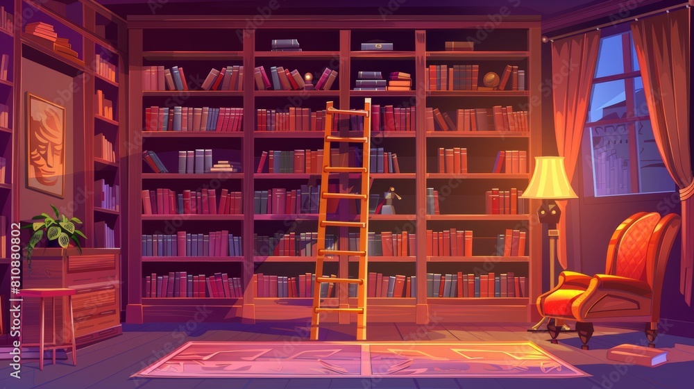 2d animation with cartoon old luxury library with wooden furniture ...