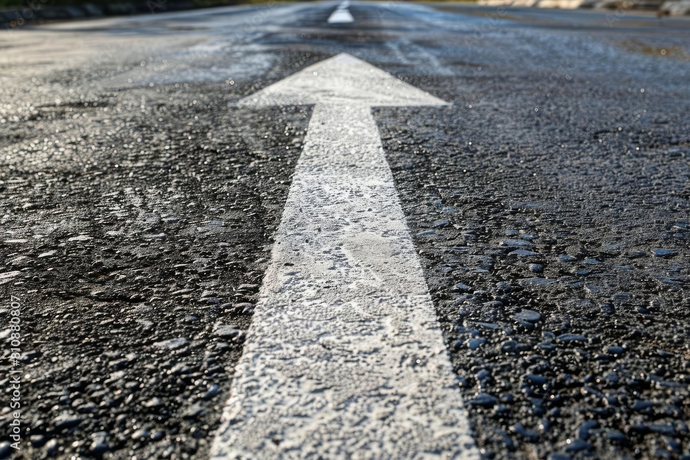 straight road with a directional arrow painted on the asphalt surface pointing forward concept photo straight road with a directional arrow painted on the asphalt surface pointing forward concept photo