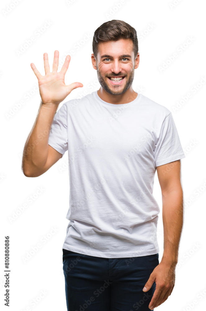 Young handsome man over isolated background showing and pointing up with fingers number five while smiling confident and happy. Young handsome man over isolated background showing and pointing up with fingers number five while smiling confident and happy.