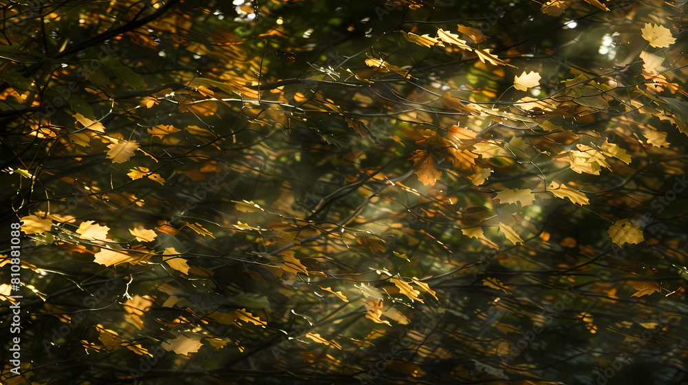sunlight filtering through autumn canopies illuminates a brown and yellow tree
