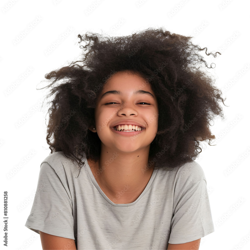 Teen girl with afro hair laughing die cut PNG style isolated on white and transparent background
