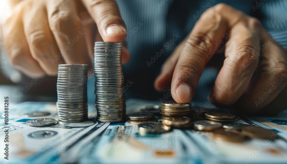 The stack of coins could represent his earnings or savings, indicating the significance of careful financial planning and decision-making in business The stack of coins could represent his earnings or savings, indicating the significance of careful financial planning and decision-making in business