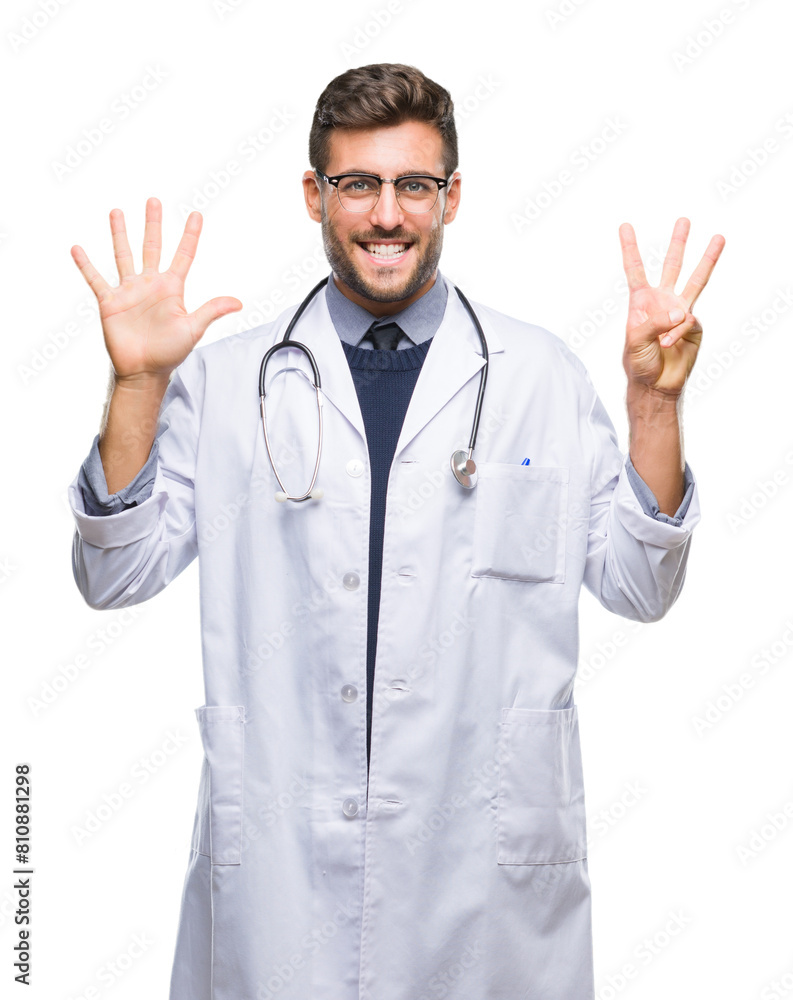 Young handsome doctor man over isolated background showing and pointing up with fingers number eight while smiling confident and happy. Young handsome doctor man over isolated background showing and pointing up with fingers number eight while smiling confident and happy.