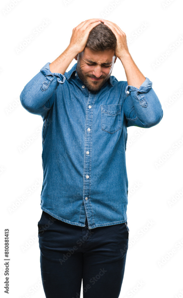 Young handsome man over isolated background suffering from headache desperate and stressed because pain and migraine. Hands on head. Young handsome man over isolated background suffering from headache desperate and stressed because pain and migraine. Hands on head.