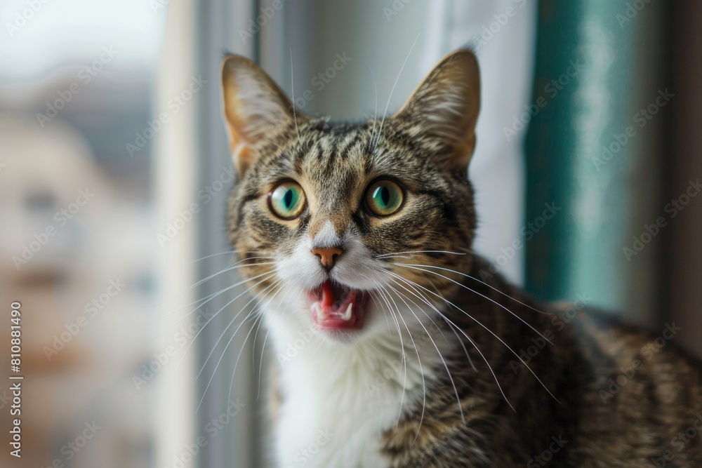 Surprised cat with big eyes and wide open mouth