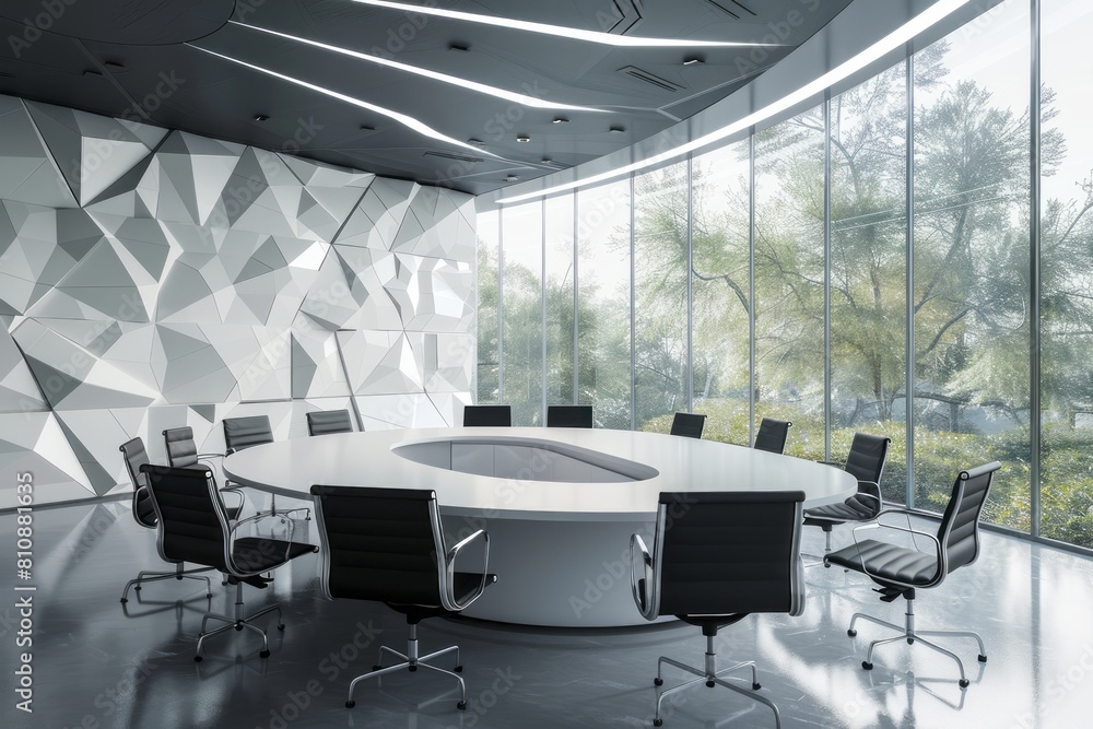 A modern and minimalist conference room with large windows, featuring an elegant white curved table in the center surrounded by black office chairs