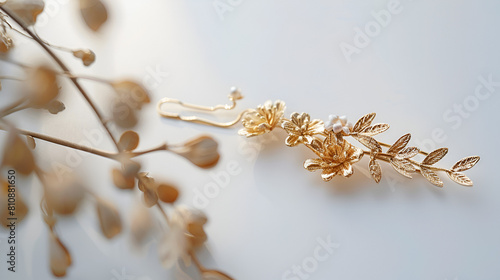 Beautiful gold hair clips on white table ai generative
