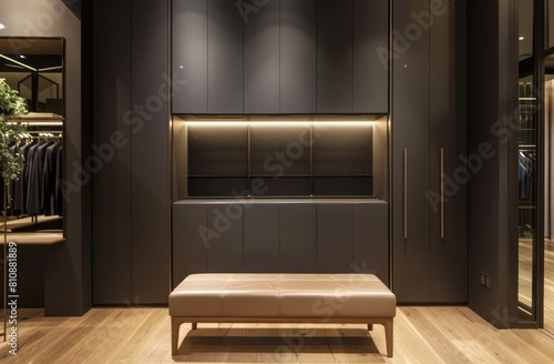 A modern and minimalist wardrobe with LED lighting  featuring dark gray wood panels on the walls and light brown wooden floors
