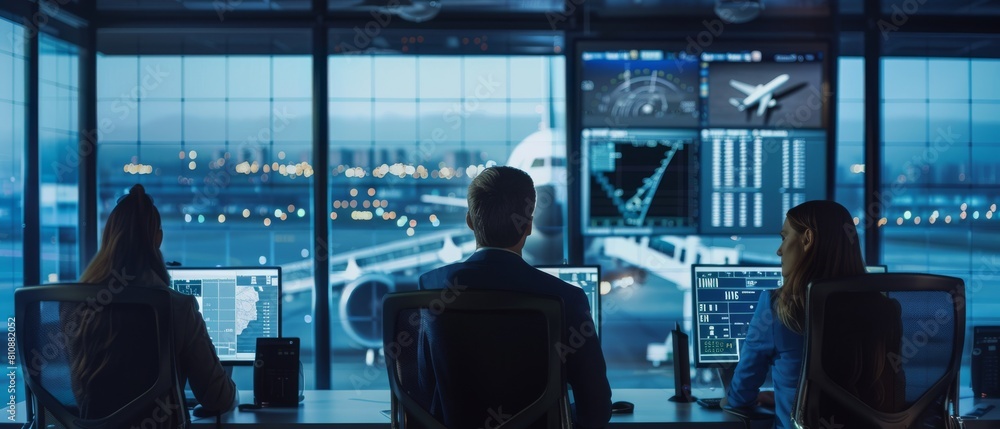 In the office room of a modern airport tower there is an array of desktop computer displays, navigation screens and flight radar data for the controllers. In the office room of a modern airport tower there is an array of desktop computer displays, navigation screens and flight radar data for the controllers.