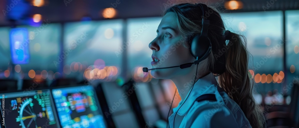 Airport tower with woman air traffic controller talking on the phone with headset. Office room has navigation screens and radar displays showing airplane flight tracking data. Airport tower with woman air traffic controller talking on the phone with headset. Office room has navigation screens and radar displays showing airplane flight tracking data.