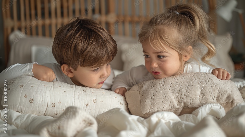 little girl and little boy are fighting with pillows in white pajamas with long sleeves in modern badroom little girl and little boy are fighting with pillows in white pajamas with long sleeves in modern badroom