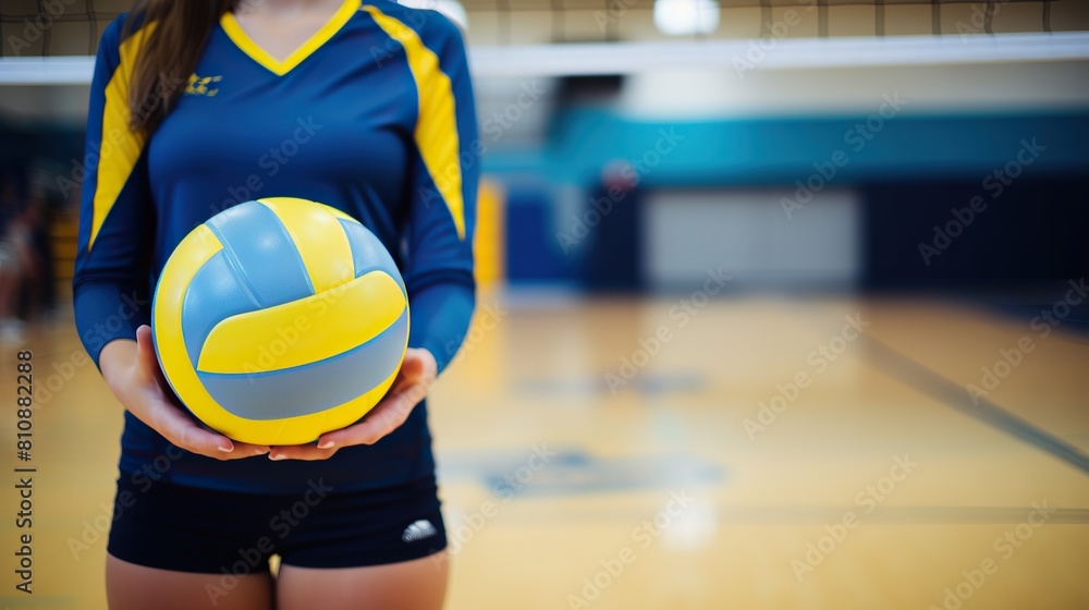 female volleyball player holding the ball. Volleyball training, practice, competition on the field.