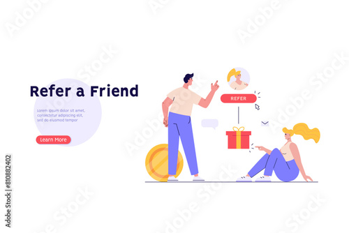 Concept of referral program, refer a friend service, sharing bonus with friends. People in loyalty marketing program earning gifts and money. Vector illustration in flat design for web banner, UI