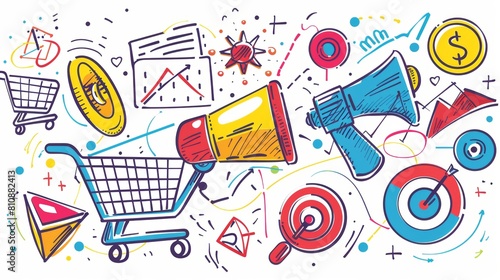 This infographic covers search engine optimization, digital content analysis, and management, including shopping carts, megaphones, graphs, and target areas.