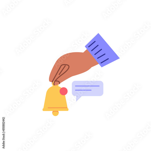 Sign with hand holding bell notification. Concept of notification, new message, notice, new event. Alarm  hand gesture. Sign of request approved. Vector illustration in flat design for banner, UI