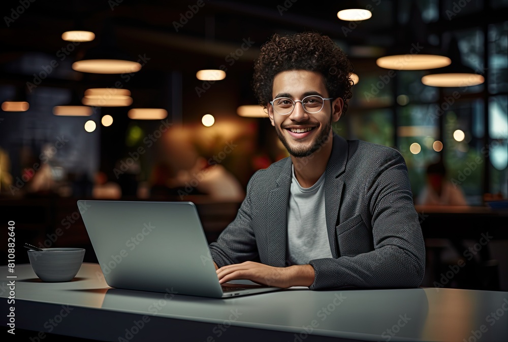 Portrait of a smiling young businessman working on his laptop in a cafe Portrait of a smiling young businessman working on his laptop in a cafe