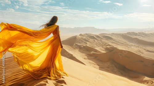 A woman in a yellow dress is standing on a sandy beach