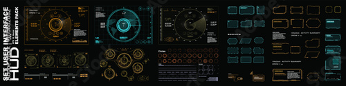 Big collection of different HUD UI elements. Futuristic set of complex design elements. Radars, frames, arrows, indicators, lines and sights. Modern set of vector HUD elements