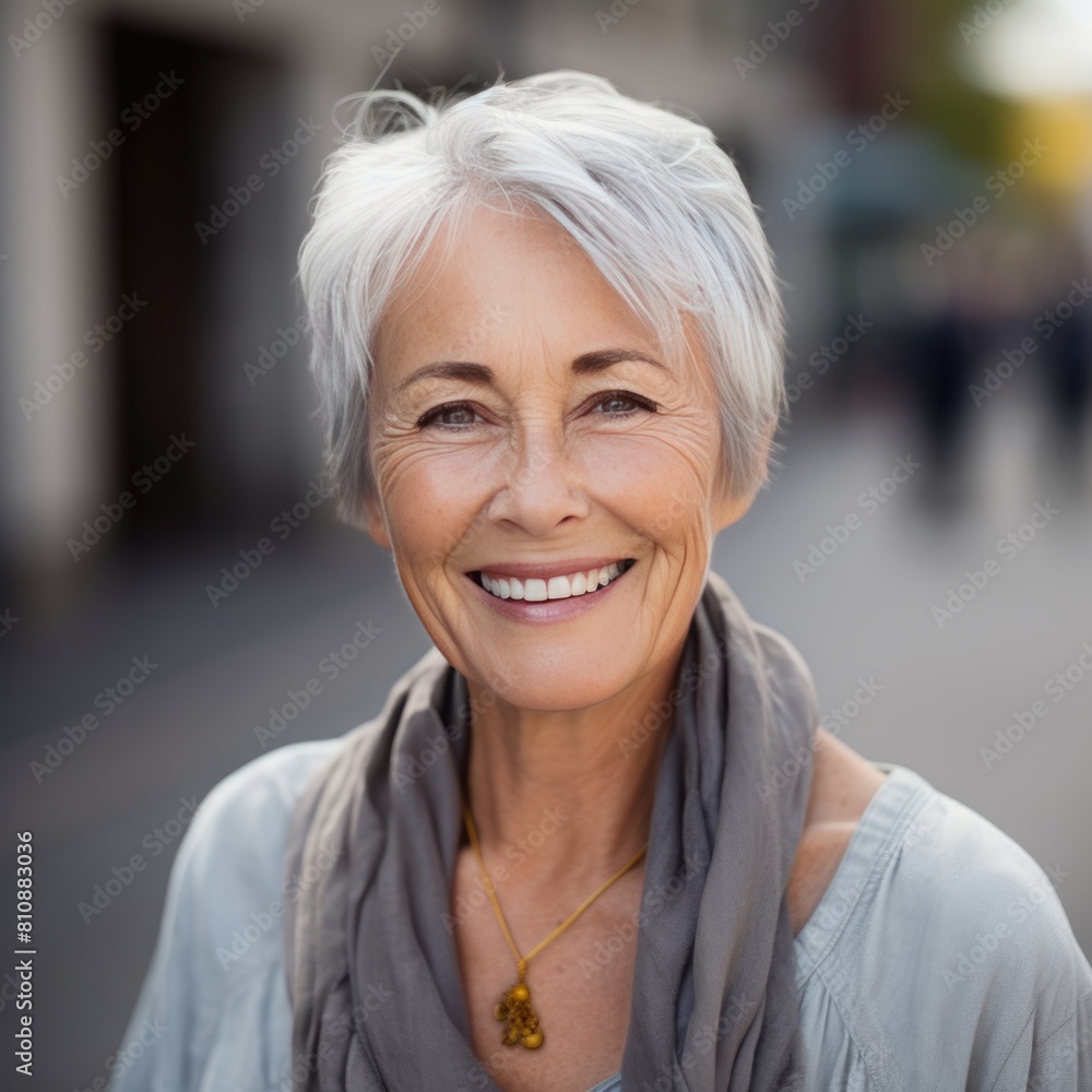 Smiling woman with white hair wearing a gray scarf Fictional Character Created By Generative AI. Smiling woman with white hair wearing a gray scarf Fictional Character Created By Generative AI.