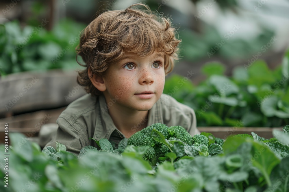 A boy with curly hair looks curiously in a vegetable garden, symbolizing growth and learning A boy with curly hair looks curiously in a vegetable garden, symbolizing growth and learning