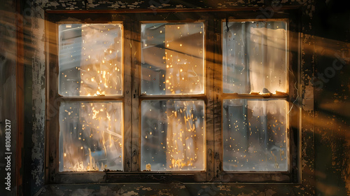 sunlight through rustic window frames illuminates an old building, casting warm hues on the glass panes