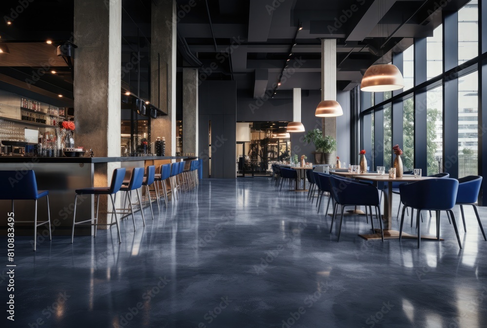 Interior of a modern restaurant with blue chairs and tables. 3d rendering