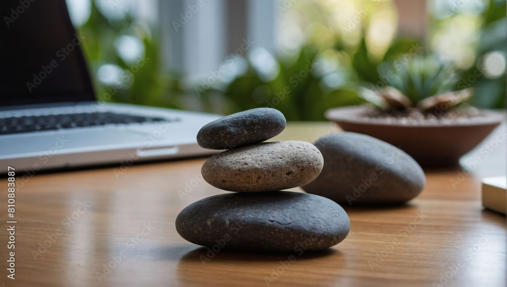 Desk Oasis, Zen Stones Resting Next to Laptop on Office Workspace