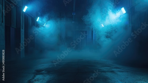 Brightly lit street lamps in the fog ,Show on stage , City at night ,Spotlights on blue background ,reflection of neon lights, a searchlight, smoke. Abstract light in a dark empty street with smoke