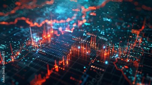 A stock market graph overlaying a digital map represents a financial crisis with a bearish trend in a digital graphic style on a dark background. 3D Rendering