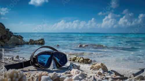 A pair of scuba diving goggles lay on the sandy beach, with azure waters and blue skies creating a picturesque natural landscape. Vision care eyewear for underwater adventures AIG50 © Summit Art Creations