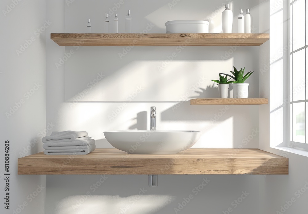 A modern bathroom with floating shelves made of light wood, white walls and a minimalistic mirror above the sink A modern bathroom with floating shelves made of light wood, white walls and a minimalistic mirror above the sink
