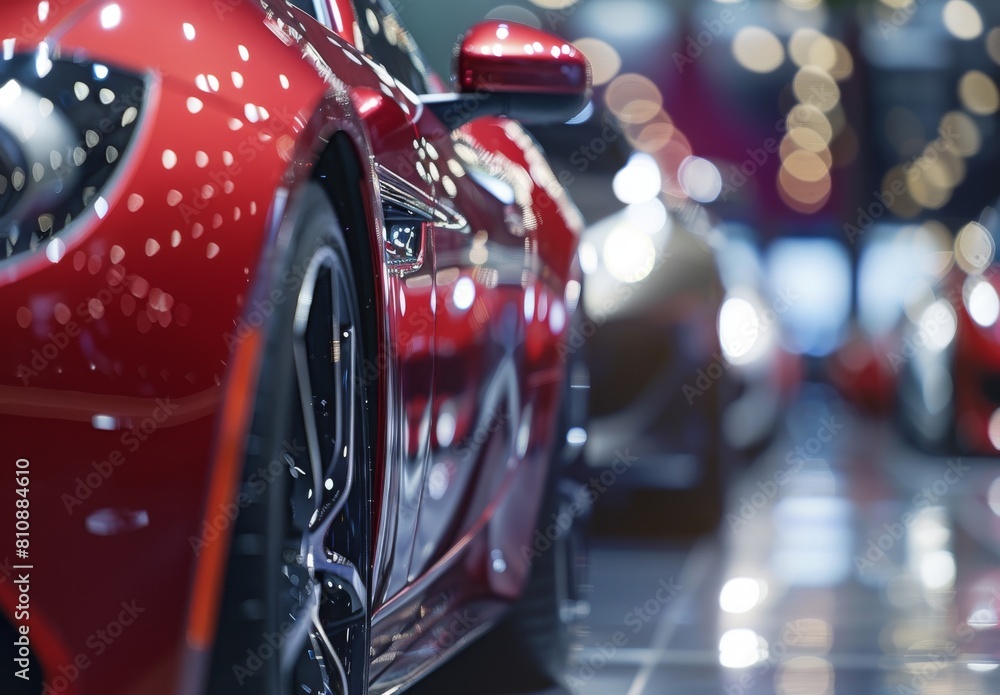 Luxury showroom showcases new cars against blurred backdrop with bokeh lights in motor show event. 